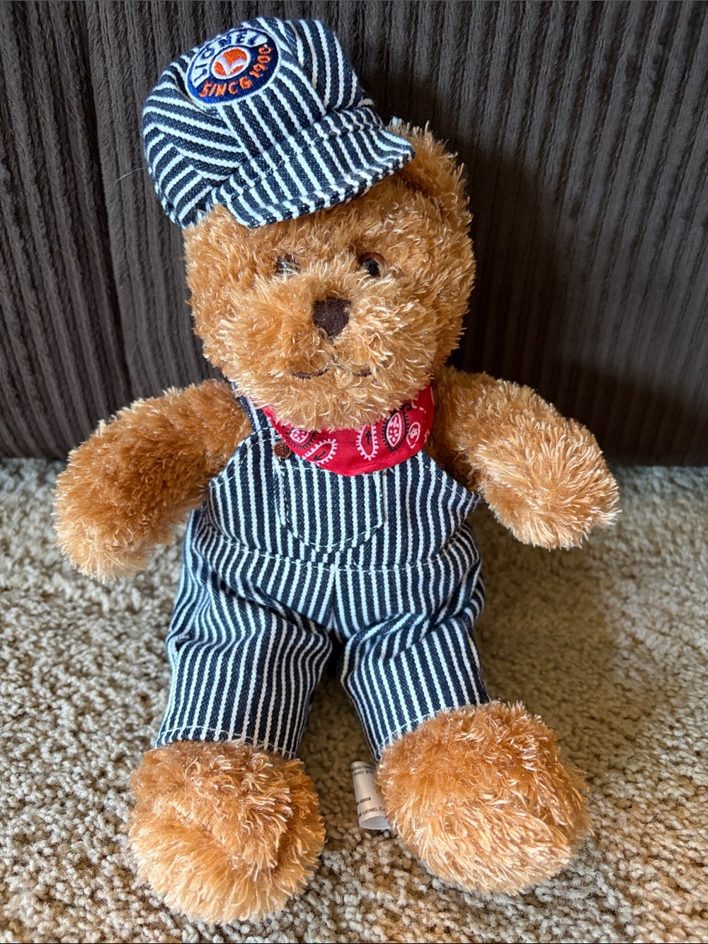 Lionel Train Conductor Plush Bear Striped Overalls Cap Bandana Cayre Group EUC!